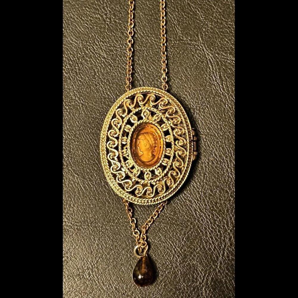 vintage 21" gold locket pendant NECKLACE amber cameo all seeing eye jewelry